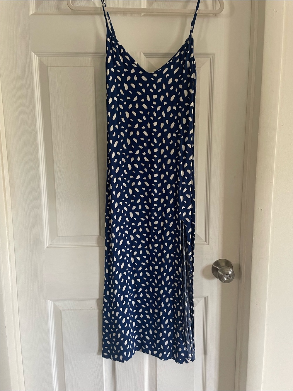 Reformation Navy Blue and White Printed Slip Midi Dress